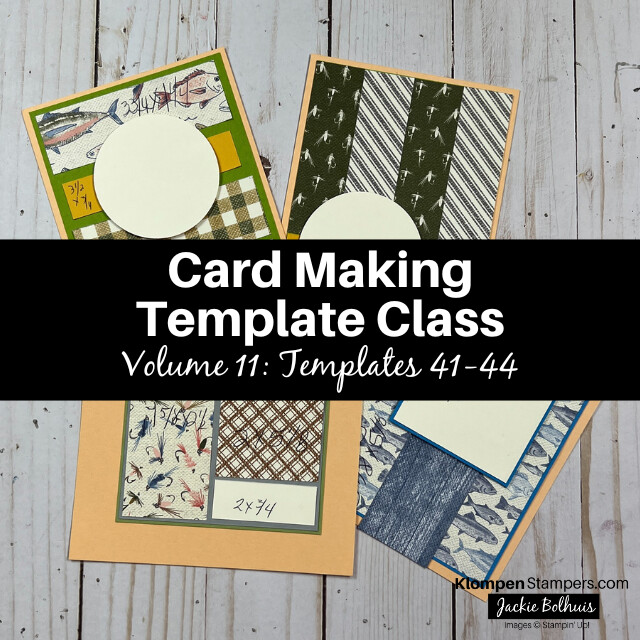 Card Making Template Class, Volume 11: Templates 41-44 promo graphic with the four simple card making templates from the class lying on a table with the title overlay.
