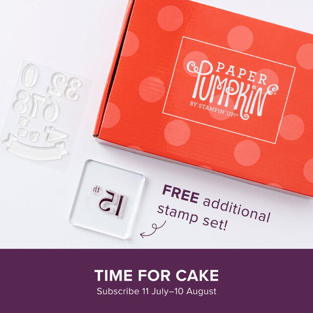 Promotional graphic for the August 2024 Paper Pumpkin kit Time For Cake.