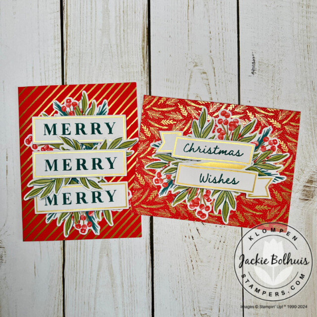 Two Christmas cards as a part of a project to make your cards this year to send Christmas Wishes. Both cards have red card bases with gold foil designs, Christmas greenery, and a Christmas greeting.