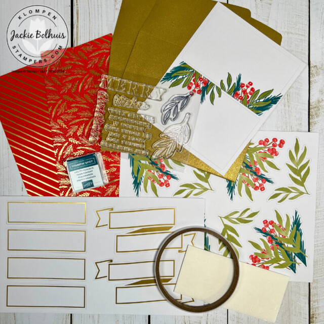 The contents of the Stampin' Up! Christmas Wishes card kit lying on a table.