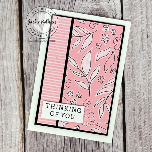Handmade thinking of you note card designed from following the measurements of Card Making Template #4 with the Stampin' Up! In Color Pretty In Pink DSP.