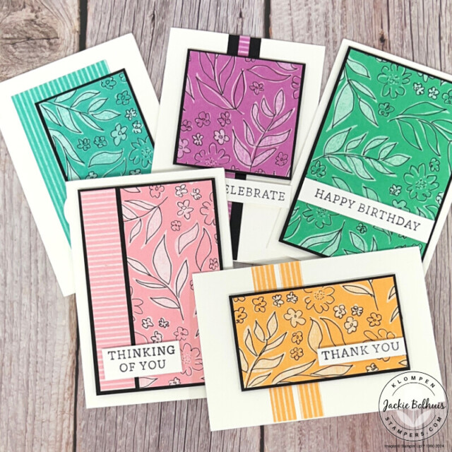 Five handmade cards from a doodle on DSP card making project.