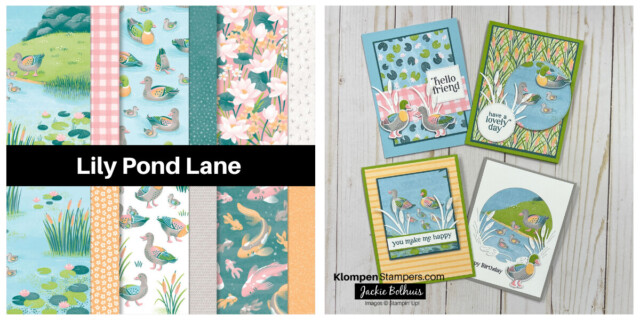 Picture showing the different prints of the Lily Pond Designer Series Paper from the Stampin' Up! Designer Series Paper Sale along with four card examples to show how to create beautiful cards using this DSP. This DSP features ducks, fish, lily pads, and a pond.