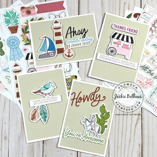 Four cards designed using Basic White Note Cards, a Basic Beige Layer, and the Something For Everything Ephemera Pack and the Saying Something Ephemera Pack. One card has a sail boat and lighthouse, another card has a cake stand, the third card has a bird and feathers, and the fourth card has a cowboy and cactus.