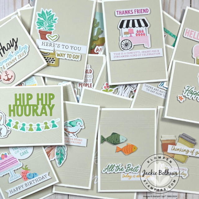 A pile of note cards that are all different but made using the Stampin' Up! Something For Everything and Saying Something Ephemera Packs. Cards are dropped on a table for a photo as part of the card making project to help paper crafters get started making cards.