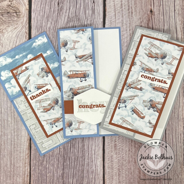 Three different slimline cards created with the Stampin' Up! Take To The Sky Designer Series Paper. All are a great masculine card idea for different occasions. One card says "thanks", another says "hey, congrats" and the final says "congrats". Each card is designed with airplane print paper.