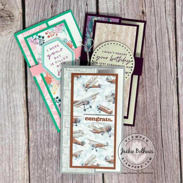 Three mini slimline cards lying on a table. Each card is designed with a different print of designer series paper and has a different sentiment to celebrate different occasions.
