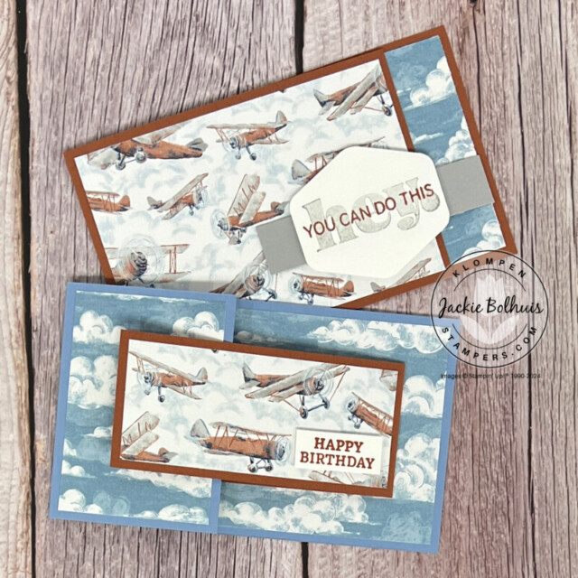 Two mini slimline cards designed with the Take To The Sky Designer Series Paper. Both cards have airplane and cloud patterned papers decorating the card fronts.