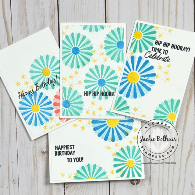 Four handmade cards designed with the Stampin' Up! stamp set Round We Go. These cards are fun birthday cards designed with colorful pinwheels of green, blue, red, and yellow.