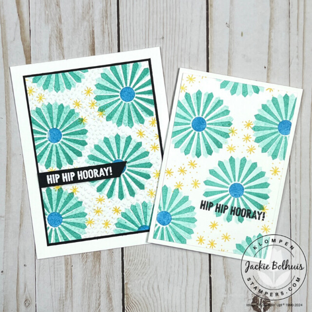 Two fun birthday cards that are stamped the same with the Round We Go stamp set and blue/green ink. But one card is simple using only stamps, ink, and paper while the other card has been stepped up using a black layer, dry embossed, and a heat embossed greeting.