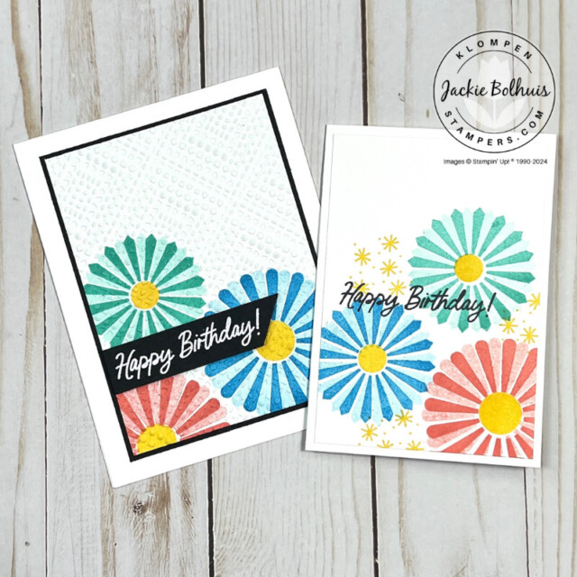Two fun birthday cards that are stamped the same with the Round We Go stamp set and green, blue and red ink. But one card is simple using only stamps, ink, and paper while the other card has been stepped up using a black layer, dry embossed, and a heat embossed greeting.