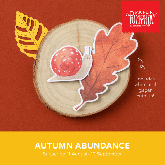 The promotional graphic for the Stampin' Up! Paper Pumpkin kit for September 2024. The kit is called Autumn Abundance and has autumn theme colors and images.