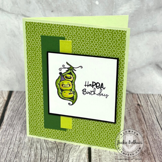 Handmade birthday card created with different shades of green paper and a stamped image of 3 peas in a pod from the Stampin' Up! stamp set Sweet Peas.