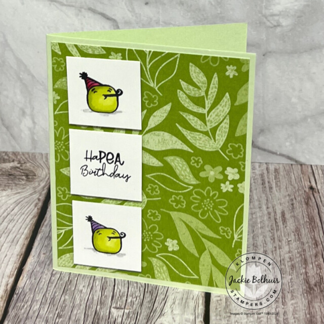 A punny birthday card with two stamped and colored in peas from the Stampin' Up! stamp set Sweet Peas with a greeting that says "haPEA birthday".