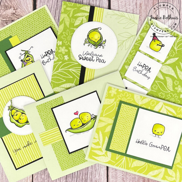 Six handmade cards from an easy card making project to follow card making templates to design quick and easy cards. All six cards use the same green papers and Sweet Peas stamp set but have different layouts and punny pea greetings.