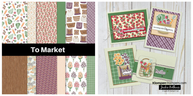 Picture showing the different prints of the To Market Designer Series Paper from the Stampin' Up! Designer Series Paper Sale along with four card examples to show how to create beautiful cards using this DSP. This DSP features vegetables, flower bouquets, and baskets.