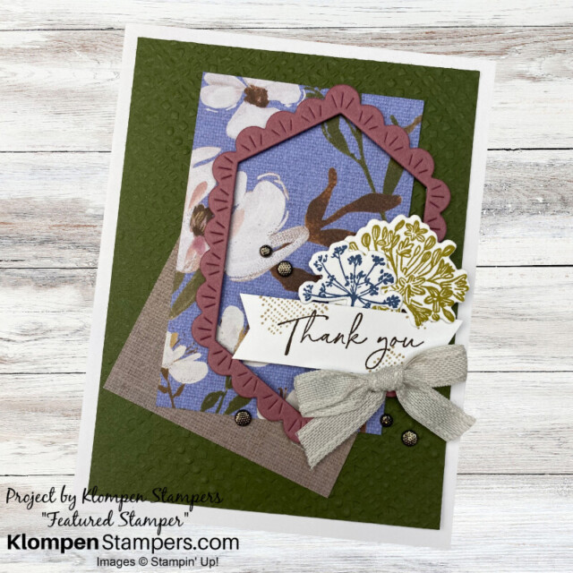 A handmade thank you card designed with the Stampin' Up! Wildly Flowering Suite Collection, designed with floral paper.