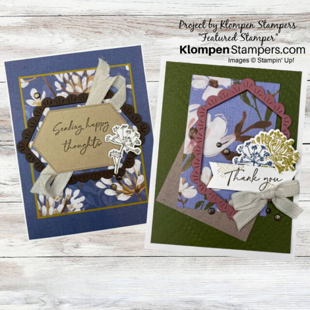 Two greeting cards designed with the Stampin' Up! Wildly Flowering Designer Series Paper. Project is shared by a Klompen Stampers team member to highlight the fun paper crafting community.