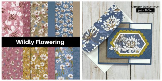 Picture showing the different prints of the Wildly Flowering Designer Series Paper from the Stampin' Up! Designer Series Paper Sale along with a card example using this DSP. This DSP features floral prints in purple, blue, and mustard colors.