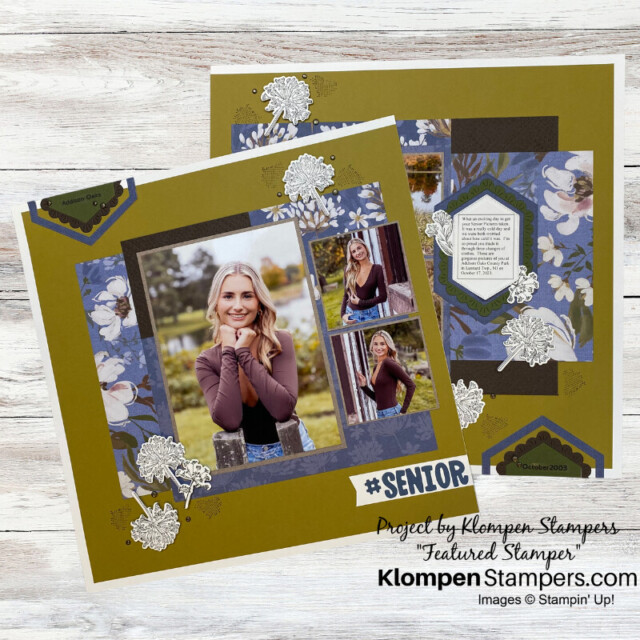 Two scrapbook pages designed with the Stampin' Up! Wildly Flowering Designer Series Paper. Project is shared by a Klompen Stampers team member to highlight the fun paper crafting community.