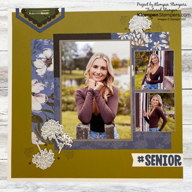 Scrapbook page layout, page 1 of 2, designed with the Stampin' Up! Wildly Flowering Suite Collection. Scrapbook page has 3 photos of senior pictures.