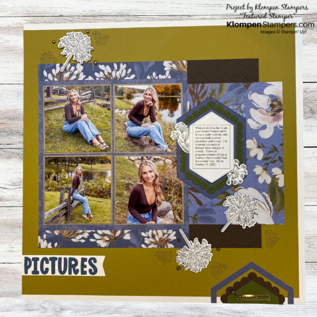Scrapbook page layout, page 2 of 2, designed with the Stampin' Up! Wildly Flowering Suite Collection. Scrapbook page has 4 photos of senior pictures.