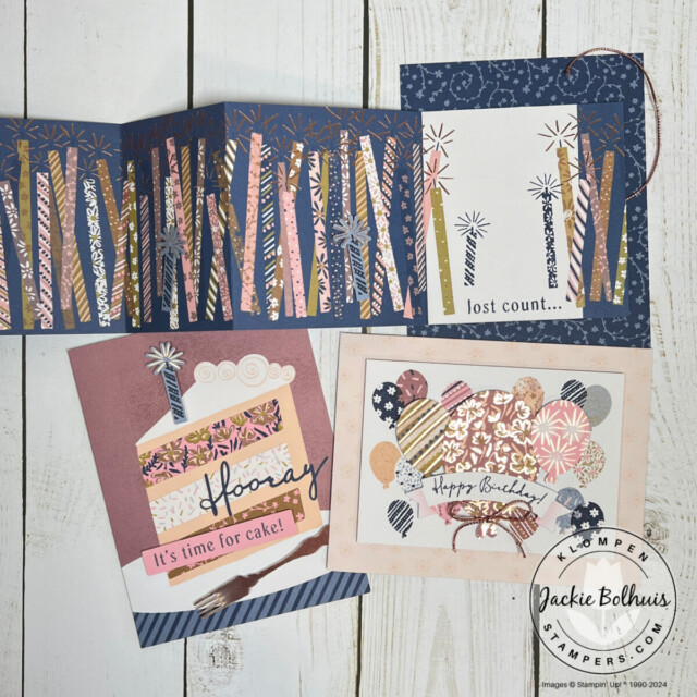 Three handmade birthday cards designed from the August 2024, Time For Cake, Paper Pumpkin Stampin' Up! subscription box.