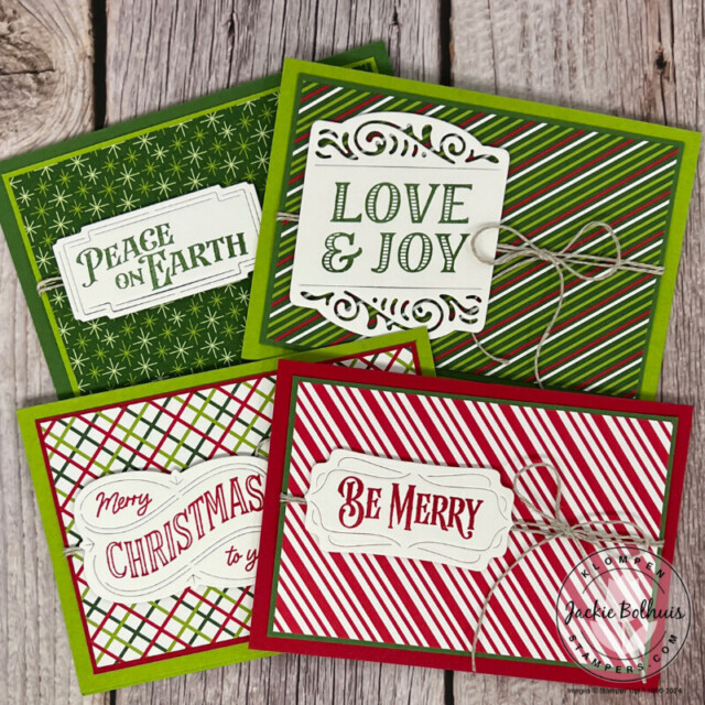 Christmas card ideas to make using the Stampin' Up! Take a Bow DSP and the Christmas Labels Bundle.