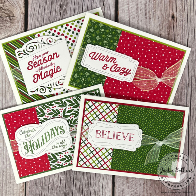 Christmas note card ideas to make using the Stampin' Up! Take a Bow DSP and the Christmas Labels Bundle.