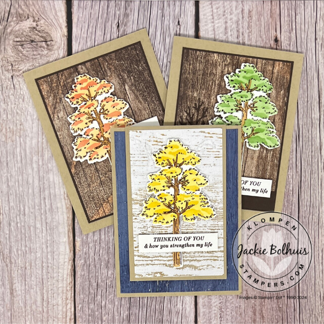 Three handmade cards designed with the Stampin' Up! Frosted Forest stamp set, coordinating dies, and stencils. Cards are inspired by fall and feature a large tree, one is yellow, one is orange, and the third is green.
