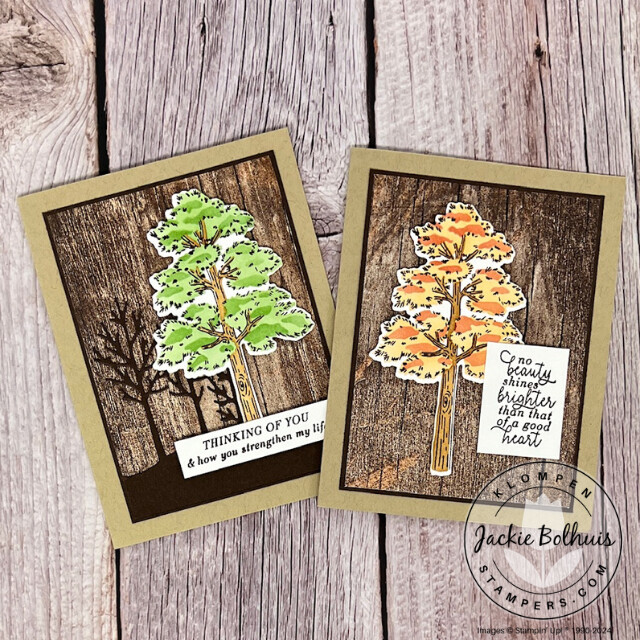 Two cards designed the same using the Frosted Forest Bundle. One card has a tall green tree with small tree outlines behind it. The other card has a tall orange tree inspired by fall foliage.