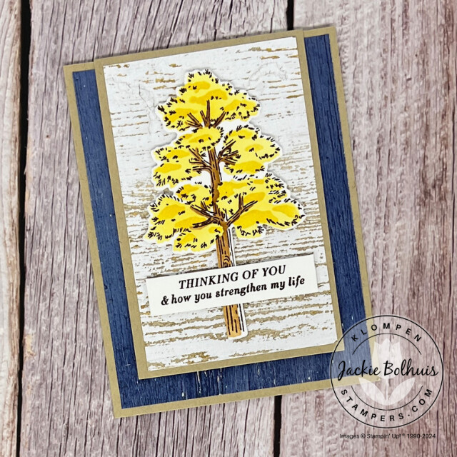 Front of a fun fold card that is designed with the Stampin' Up! Frosted Forest Bundle. Card has a yellow tree focal image with a thinking of you sentiment.