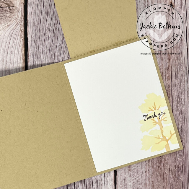Inside of the fun fold card that is designed with the Stampin' Up! Frosted Forest Bundle. Card has a soft yellow tree in the corner with "thank you" stamped on top of it.
