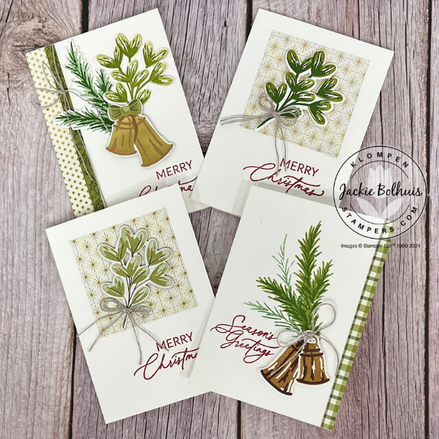 Four homemade Christmas cards designed with the Stampin' Up! Season of Green & Gold suite collection.