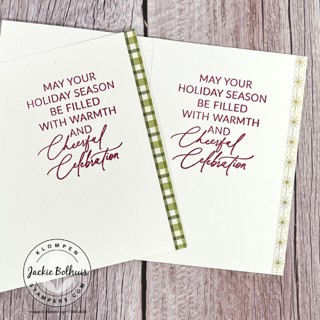 The insides of the two Christmas cards. They have a different holiday saying stamped with a small strip of patterned paper along the edge.