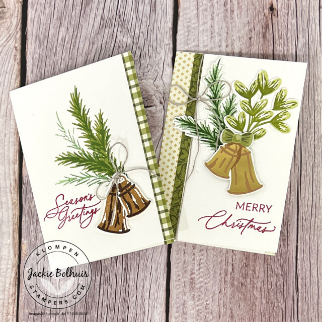 Two homemade Christmas cards designed with seasonal greenery and holiday bells. One card says "Merry Christmas" and the other says "Season's greetings". Card colors and green and gold.
