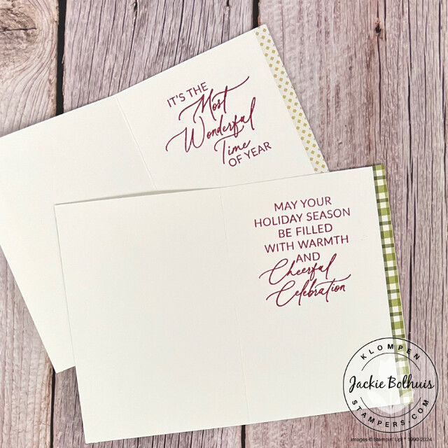The insides of the two Christmas cards. They have a different holiday saying stamped with a small strip of patterned paper along the edge.