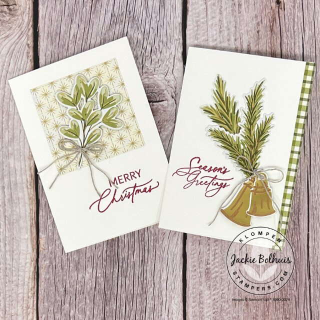 Two homemade Christmas cards designed with seasonal greenery and holiday bells. One card says "Merry Christmas" and the other says "Season's greetings". Card colors and green and gold.