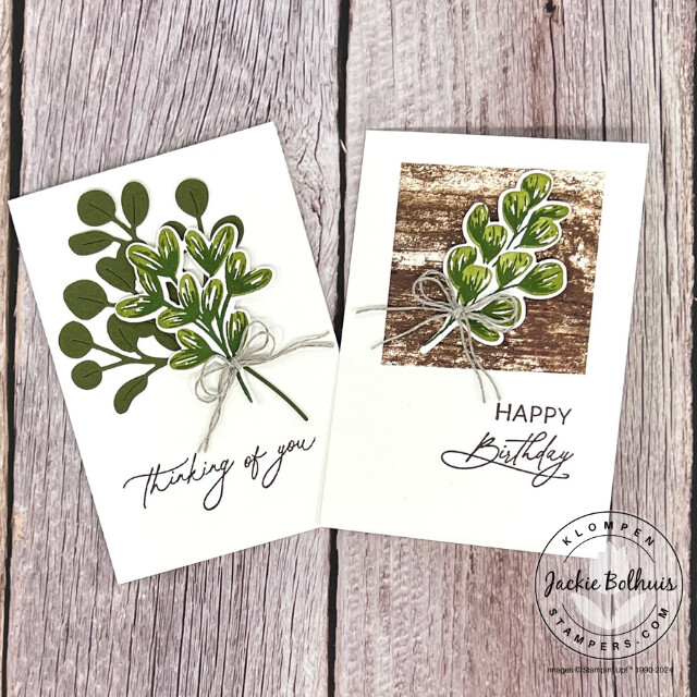 A thinking of you card and a happy birthday card designed with the holiday greenery from the Golden Greenery Bundle.