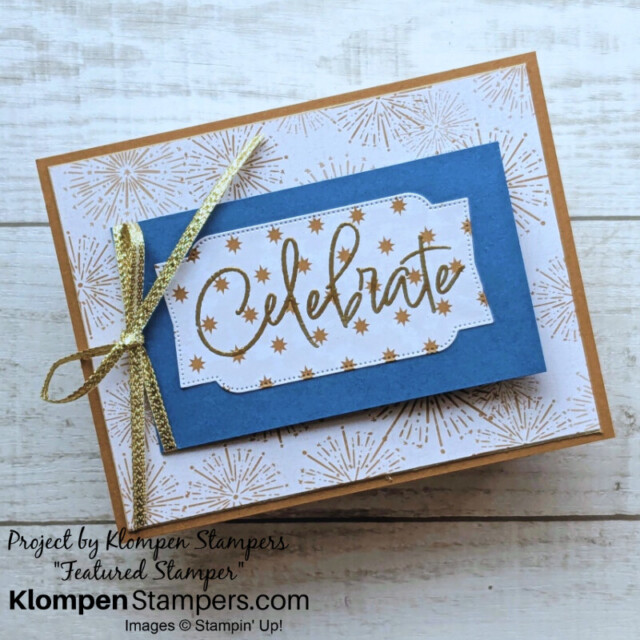 The front of a celebration gift card holder designed with the Iconic Celebrations DSP and Iconic Imagery Bundle. Card has gold stars and fireworks.