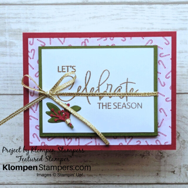 A double open celebrate the season gift card holder for Christmas designed with the Iconic Celebrations DSP and Iconic Imagery Bundle. Card is decorated with candy canes and Christmas trees.