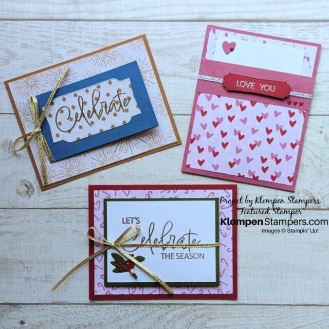 Three handmade gift card holders designed with the Stampin' Up! Iconic Imagery Bundle and Iconic Celebrations Designer Series Paper.