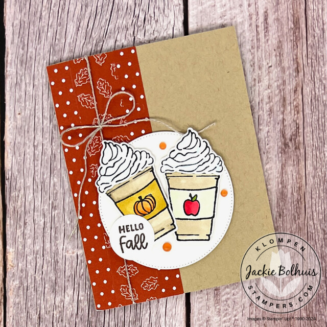 Handmade card designed with the Stampin' Up! More Than Autumn Bundle. Card has a pumpkin and apple drink with a sentiment that reads "hello fall".