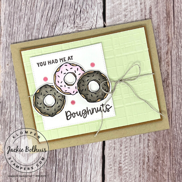 Handmade card designed with the Stampin' Up! More Than Autumn Bundle. Card has three doughnuts with a stamped sentiment that says "you had me at doughnuts".