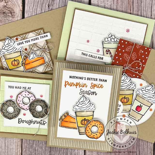 Five different handmade cards designed with the Stampin' Up! More Than Autumn Bundle. The cards mainly feature images of pumpkin spice lattes, donuts, and pie.