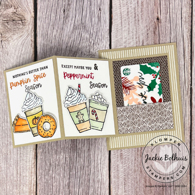 The fun fold gift card holder opened up to show all three panels of the card to design on. First panel has pumpkin spice images, second panel has peppermint images, and the third panel holds the gift card.