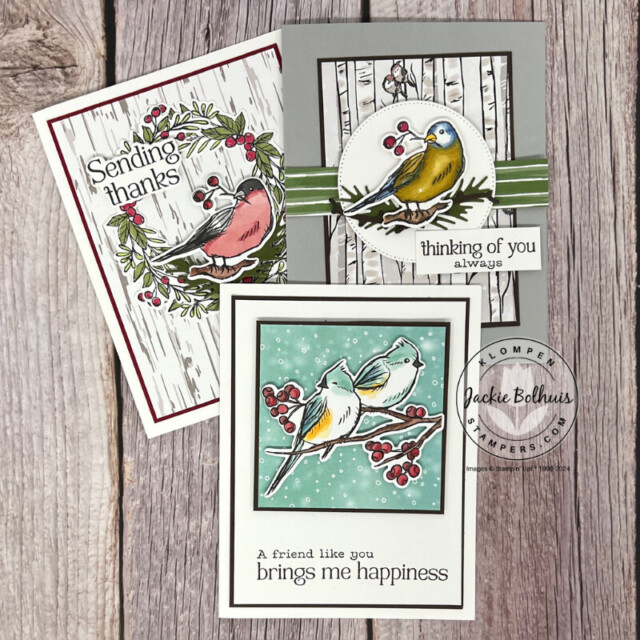 Winter themed card ideas to make using the Stampin' Up! Winterly Tree Tops Bundle and Nests of Winter DSP.