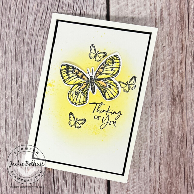 A thinking of you card designed with an easy background technique to add a spot of yellow with yellow speckles to the card. Card is designed with the Stampin' Up! stamp set Sketched Butterflies and has a large butterfly as the focal image with three small butterflies in the background.
