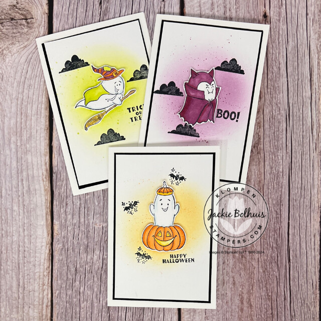 Three handmade Halloween cards designed with the Stampin' Up! stamp set Playful Ghosts. These cards are a part of a project to teach beginner card makers and easy background technique for a simple card to give it more color.