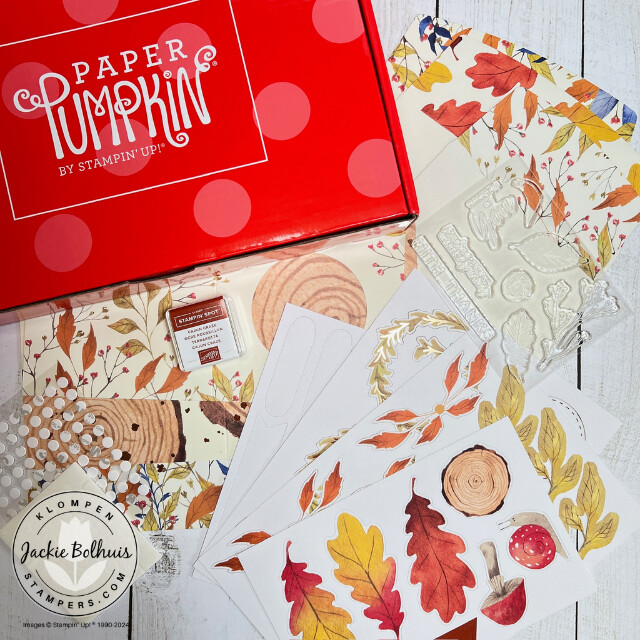 The contents of the September monthly paper pumpkin boxes lying on a table.